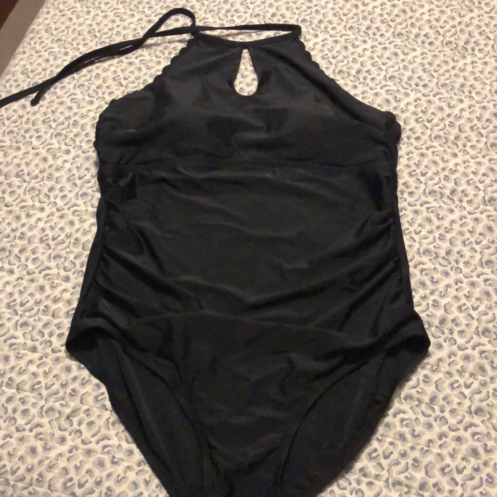 Black Scalloped Halter Swim Suit